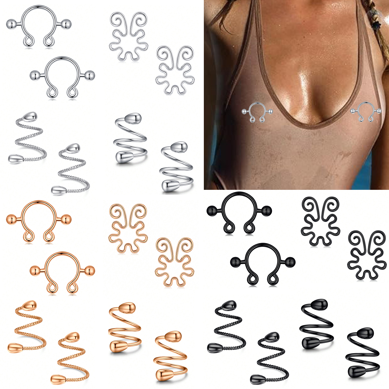 Body Jewelry And Piercing - 8Pcs Stainless Fake Nipple Rings,Opening Adjustable